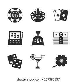 Casino icons set for game design, cards dices clover and chips in contrast flat isolated vector illustration