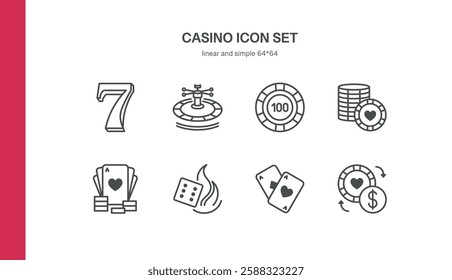 Casino Icons. Set of minimal linear icons featuring roulette, poker chips, playing cards, dice, and lucky seven. Perfect for gambling, betting, and gaming designs. Vector illustration.