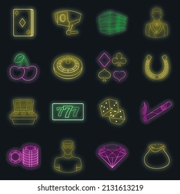 Casino icons set in neon style. Gambling set collection vector illustration