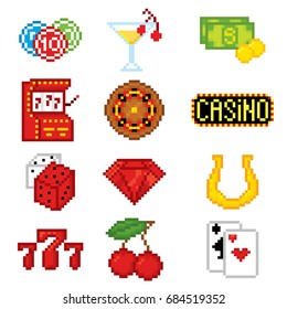 Casino Icons Set. Pixel Art. Old School Computer Graphic Style. Games Elements.