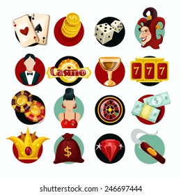 Casino icons set with roulette cigar jocker slot machine isolated vector illustration