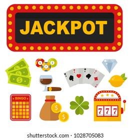 Casino icons set with roulette gambler joker slot machine poker game vector illustration.