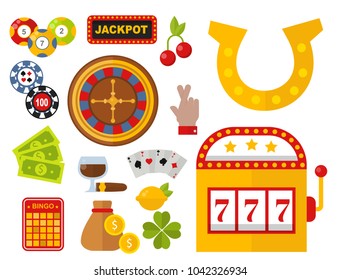 Casino icons set with roulette gambler joker slot machine poker game vector illustration.