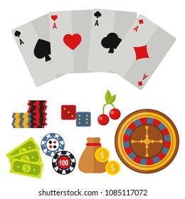 Casino icons set with roulette gambler joker slot machine poker game vector illustration.