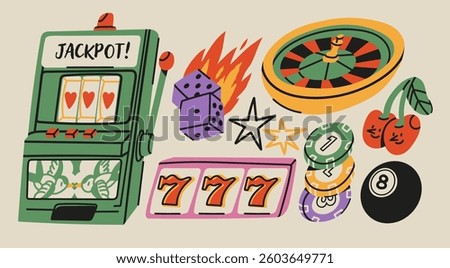 Casino icons set. Slots machine, burning dice, roulette, chips, lucky eight ball, cherries. Hand drawn Vector illustration. Gambling, jackpot, luck, poker, blackjack, tournament, fortune, game concept