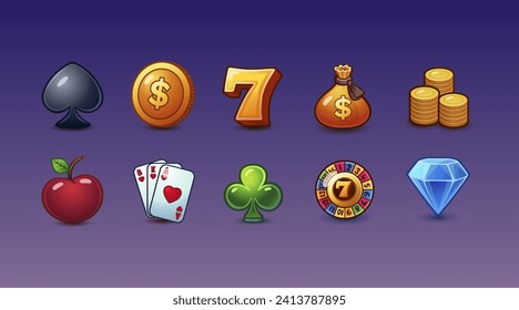 Casino icons set, symbol gamble collection, slots sign. Vector illustration 