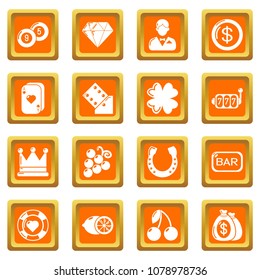 Casino icons set vector orange square isolated on white background 