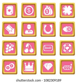 Casino icons set vector pink square isolated on white background 