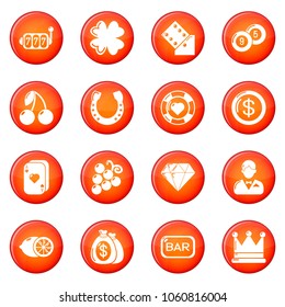 Casino icons set vector red circle isolated on white background 