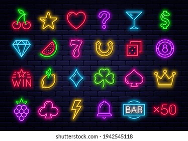 Casino icons for slot machine. Set of glowing neon gaming icons. Casino and gambling signs, fruits and online casino icons for slot machine bar. Vector