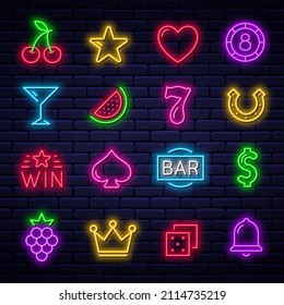 Casino icons for slot machine. Set of glowing neon gaming icons. Casino and gambling signs, fruits and online casino icons for slot machine bar. Vector