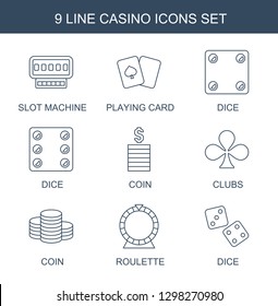 casino icons. Trendy 9 casino icons. Contain icons such as Slot machine, playing card, Dice, Coin, Clubs, Roulette, dice. casino icon for web and mobile.