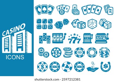 Casino icons. Vector illustration. Set of  trendy minimal casino icons including Slot Machine, Dice, Cards, and Chips icon. Design elements for web page, mobile app, and gaming interface design. 10eps