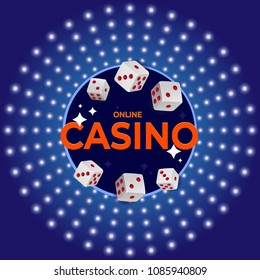 Casino illustration with dice on blue background with lights
