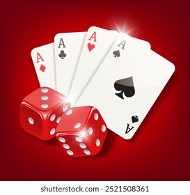 Ilustración de Casino. Abanico de cartas y dos dados rojos. Ilustración vectorial aislada sobre fondo rojo.