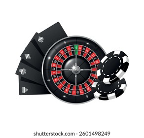 Casino illustration.  Roulette, cards and chips. Vector llustration isolated on white background.