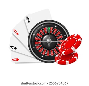 Casino illustration.  Roulette, cards and dice. Vector composition isolated on white background.