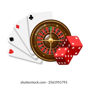 Casino illustration.  Roulette, cards and dice. Vector composition isolated on white background.