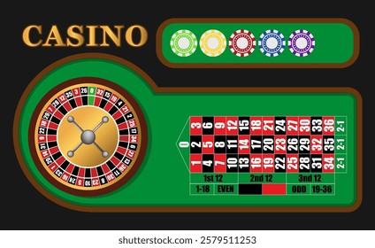 Casino Illustration with Roulette and Gambling Chips. Vector illustration