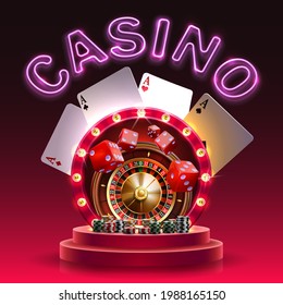 Casino illustration with roulette wheel, playing chips, dice, poker cards, retro arch and neon lettering. Vector illustration of gambling.  Online casino theme.