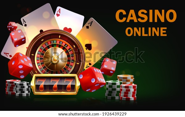 Casino Illustration with roulette wheel and playing chips. Vector gambling design with poker cards and dices for invitation or promo banner.Online casino.Layered illustration.