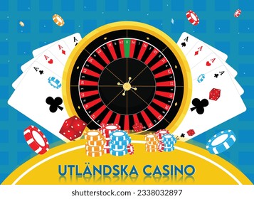 Utländska Casino Illustration with Set of Icons of Roulette Wheel, Stack of Chips, Cards and Dices - Foreign Casino Concept 