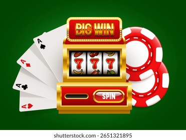 Casino illustration. Slot machine, chips and card fan. Vector 3d illustration isolated on white background.