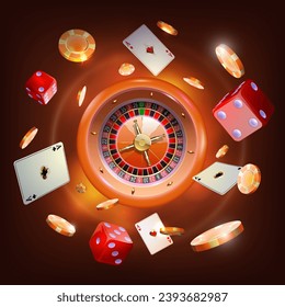 Ilustración del casino.Diseño vectorial de juegos de azar con tarjetas de póquer, dados, rueda de ruleta y fichas de juego. Diseño de juegos, volante, afiche, banner, anuncio.