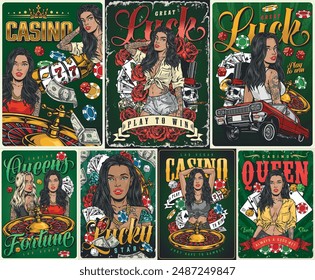 Casino industry colorful set flyers with queens of fortune with money and machines near gambling equipment vector illustration