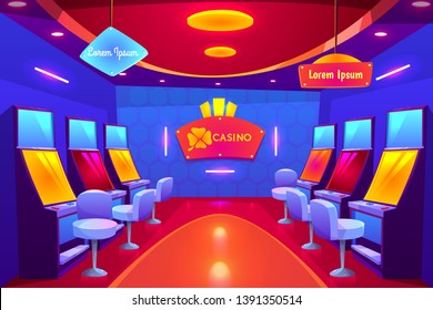 Casino Interior, Empty Gambling House With Slot Machines Stand In Raw And Illumination. Gaming Industry, Money Business, Games Of Chance Nightlife Entertainment, Las Vegas. Cartoon Vector Illustration