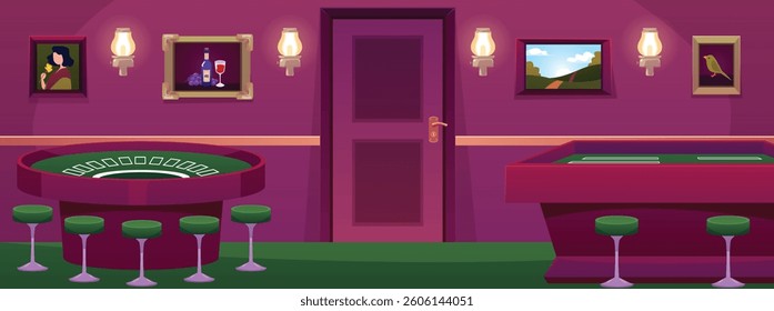 Casino interior. Empty room in burgundy green tones with gaming tables, chairs, door, paintings and lamps. Modern background with leisure furniture. Flat cartoon style. Vector illustration.