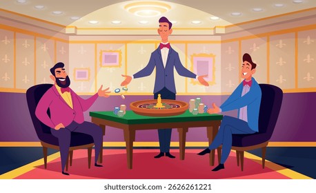 Casino interior. Lucky people winners in gambling games exact vector cartoon conceptual illustration background in cartoon style