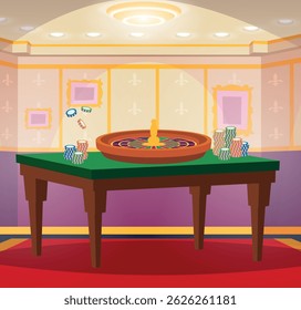 Casino interior. luxury room with roulette for gambling players. vector background