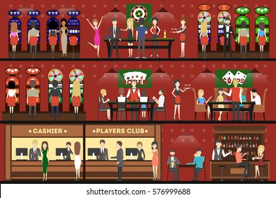 Casino Interior Set. Cashier, Players Club And Tables. Visitors Play And Gamble.