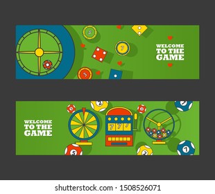 Casino invitation banners, vector illustration. Simple flat icons of gambling on green background, welcome to the game. Gamble dice, roulette spin, billiard balls and casino chips. Gambling games set