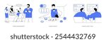 Casino isolated cartoon vector illustrations set. Serious professional casino manager monitoring a room, professional croupier at a gambling table, casino dealer, surveillance team vector cartoon.