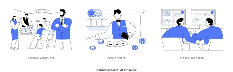 Conjunto de Ilustraciones vectoriales de dibujos animados aislados de casino. Gerente de casino profesional serio que monitorea una habitación, crupier profesional en una mesa de juego, distribuidor de casino, equipo de vigilancia de dibujos animados de Vector.