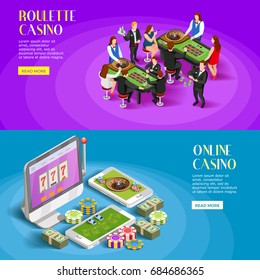 Casino isometric banners with roulette gambling tables people characters and online gaming apps with read more button vector illustration