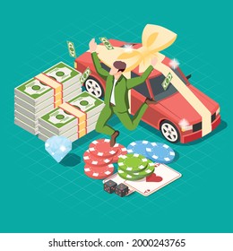 Casino isometric colored composition with bundles of dollar bills game chips red car tied with gift ribbon vector illustration