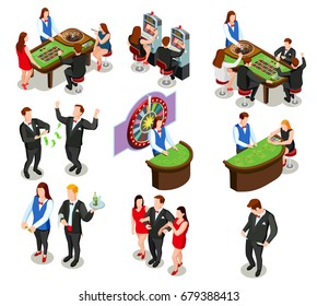 Casino isometric colored decorative icons with croupier and gamers playing roulette poker and slot machine isolated vector illustration