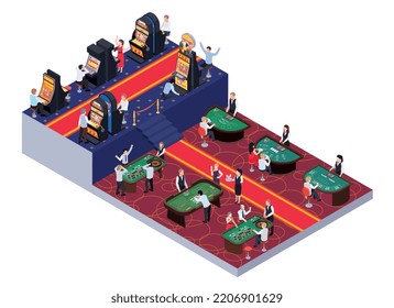 Isoometrische Zusammensetzung des Casinos mit hellrotem Teppich und Spieltischen mit Spielautomaten und menschlichen Charakteren, Vektorgrafik