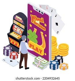 Casino isometric composition with human character in front of smartphone surrounded by chips coins slot machine vector illustration