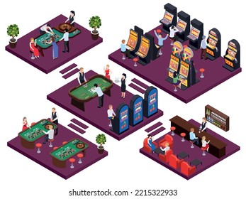 Casino isometric composition with set of platforms with gaming booth slot machines tables players and workers vector illustration