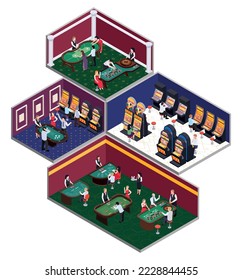 Casino isometric composition with set of room views with card game tables roulette and slot machines vector illustration