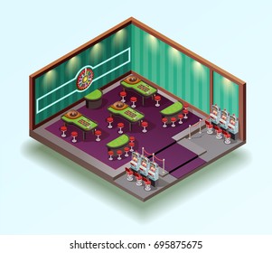 Casino isometric icon composition with gambling house room interior design gaming tables and slot machines vector illustration