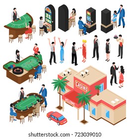 Casino Isometric Icons Set With Croupier And Gamers Playing Roulette Black Jack And Slot Machine Isolated Vector Illustration