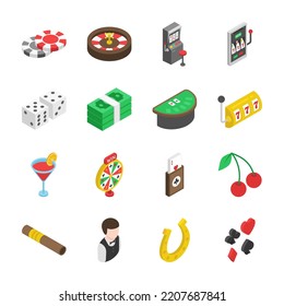 Casino isometric icons set. Slot machines, roulette, poker and card games for money. Objects collection. Vector illustration