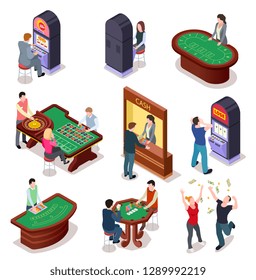 Casino isometric. Poker roulette table, slot machines in playing room. Nightclub entertainment casino gambling 3d vector set