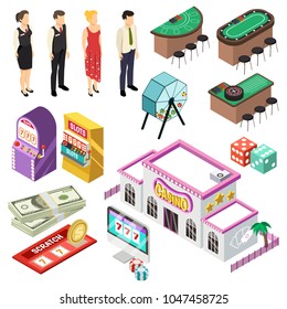Casino isometric set with slot machine poker cards roulette jackpot lottery coins icons vector illustration