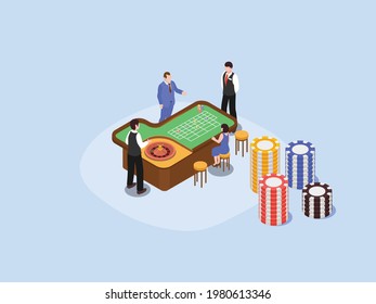 Concepto de vector isométrico del casino. Grupo de personas jugando en la mesa de juego con pila de fichas de casino